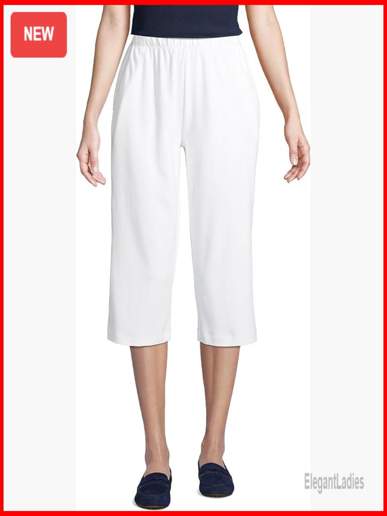 High Rise Elastic Waist Capri Pants Sport Knit Cotton Stretch